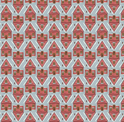 Watercolor seamless pattern with snowing red houses for paper wallpaper textiles