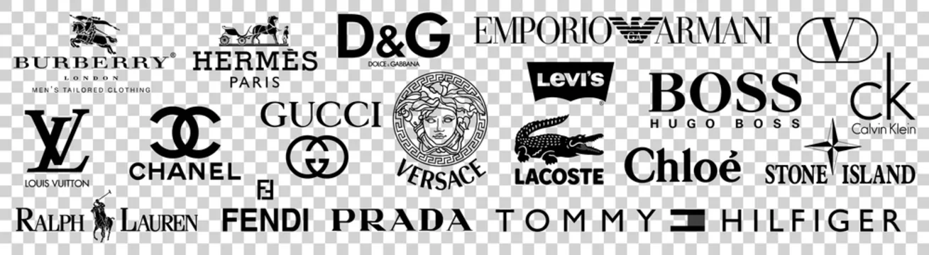 Vektorová grafika „Top and most popular clothing brands. Logo Louis Vuitton,  GUCCI, Hermes, Prada, Coco Chanel, Ralph Lauren, Burberry, Versace, Fendi,  Armani, valentino, Kors, kenzo and more. Vector illustration“ ze služby  Stock