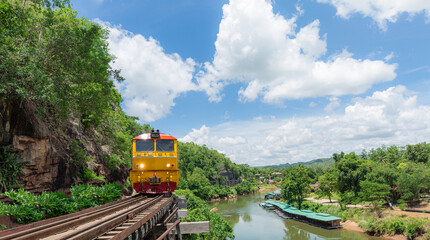 Naklejka premium Death Railway with train Famous place in Kanchanaburi Thailand