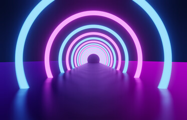 3d rendering of glowing neon ring and dark blue-purple background. Cyber Futuristic High Speed light zoom. Circles show fashion. Backdrop beam .Abstract Light fast night with way Spaceship Concept