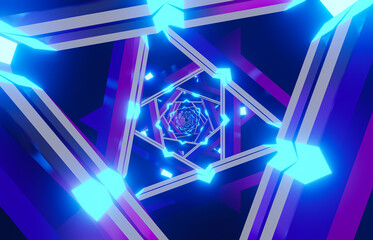 Sci-Fi abstract Advanced Technology Portal 3d rendering. Template of Triangle Neon glow blue-purple Tunnel Loop. Abstract flying in Modern zoom neon lighting futuristic metal corridor with triangles.