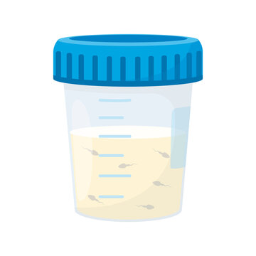 Semen analysis. Plastic container for semen sample isolated on white background. Male fertility test. Sperm donation concept. Vector illustration in cartoon style