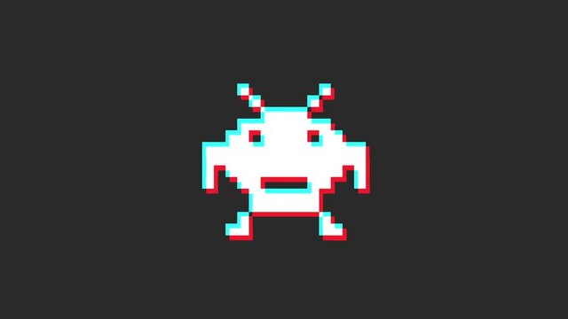 pixel monster Glitch Modern Animation On Black Background.Glitch Old Screen Display.