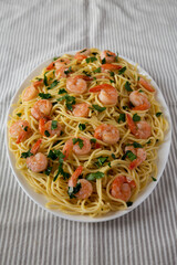 Homemade Shrimp Scampi with Pasta, side view.