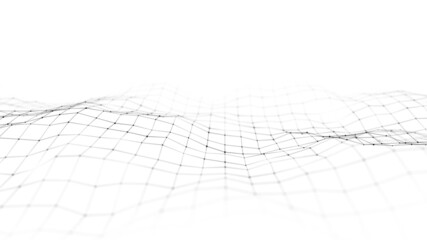 Digital white background with moving glowing particles. Futuristic moving wave. Big data visualization. 3d rendering.