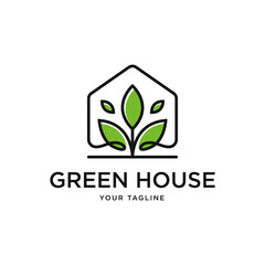 nature green house logo design line art style vector symbol icon design with leaf circle home concept, Eco friendly home logo design