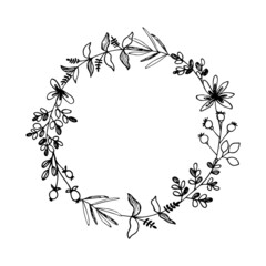 Fototapeta premium Wreath of simple twigs with different leaves. Black lines on white background, sketch, Doodle style. Hand drawn vector illustration with copy space