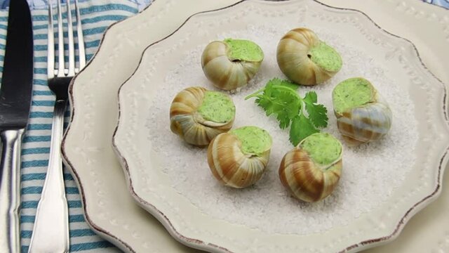 escargots frais au four avec du persil et du beurre &agrave; l'ail sur une assiette