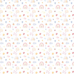 Watercolor cute seamless pattern for kids. Rainbow, stars, hearts, clouds on white background pastel colors