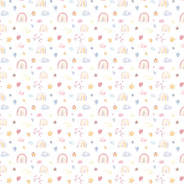 Watercolor cute seamless pattern for kids. Rainbow, stars, hearts, clouds on white background pastel colors