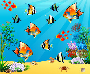 Fototapeta na wymiar Underwater panorama. Sea underwater, cartoon fish swimming in the ocean, deep coral reef and sand, panoramic vector illustration background