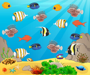 Underwater panorama. Sea underwater, cartoon fish swimming in the ocean, deep coral reef and sand, panoramic vector illustration background