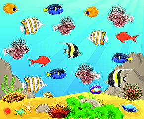 Underwater panorama. Sea underwater, cartoon fish swimming in the ocean, deep coral reef and sand, panoramic vector illustration background