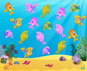 Underwater panorama. Sea underwater, cartoon fish swimming in the ocean, deep coral reef and sand, panoramic vector illustration background