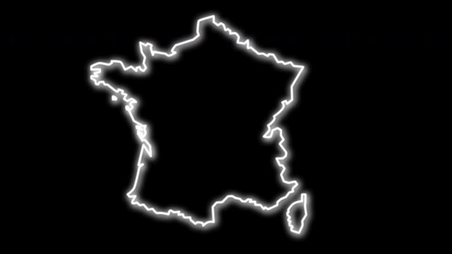 Self drawing animation of map of France territory. Black background.  Glowing line.