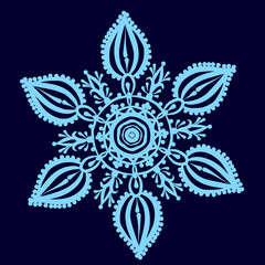 a blue snowflake, hand-drawn, isolated on a white background