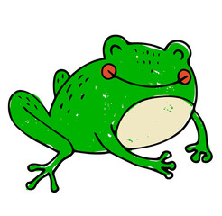 cute green frog in cartoon style, hand-drawn illustration, isola
