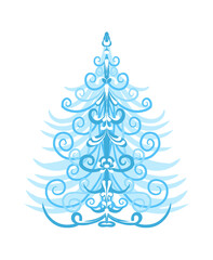christmas tree painted with calligraphic patterns, blue ink by hand, isolated on a white background illustration