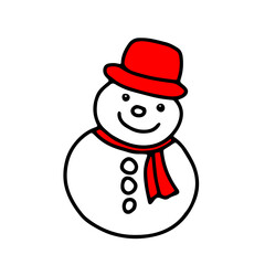 Illustration of a black fun snowman in a red hat and a scarf isolated on a white background for Christmas decoration