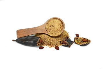 Carob. Ripe carob pods, seed and powder  isolated on white background with clipping path and full...