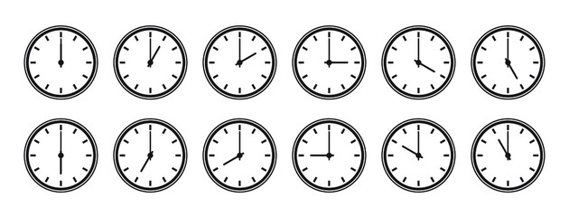 A set of clocks that show different times. Clock icons on white isolated background