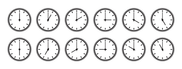 A set of clocks that show different times. Clock icons on white isolated background