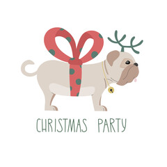 vector illustration with small dog like gift. Lettering Christmas party. Can use for postcard, message, mail invite to corporate