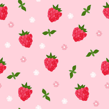 Seamless pattern of cartoon berries. Cute raspberry with leaves and flowers on pink background. Flat vector.