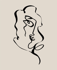 Modern poster with pretty young woman hand-drawn by one continuing line in minimalist drawing style. Surreal faces collection. Trendy minimalist fashion graphic design. Vector artwork. 