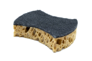 Black and brown sponge for washing dishes on a white background. Isolated.