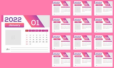 Calendar 2022, Monthly calendar for new year 2022 set of 12 Months, Week Starts On Sunday, 