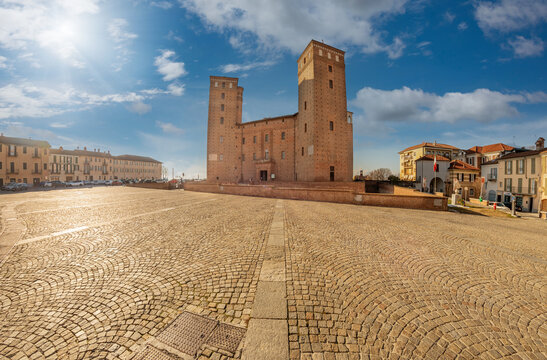 Fossano, Cuneo, Italy - December 2, 2021: The castle of the Princes of Acaja (XIV century) in piazza Castello, seat of the civic library