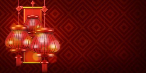 Chinese red background with lamps. 3d illustration