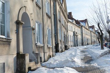 Directorate estate in Chelm, Poland, Osiedle Dyrekcji w Chełmie, Chełm City in winter, tenement houses, sunny winter day
