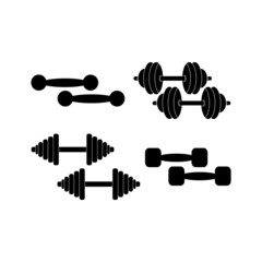 The icon of dumbbells of different types and sizes for sports on a white background.