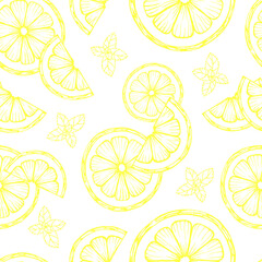 hand drawn seamless pattern contour of lemon slices and mint leaves