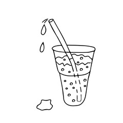 Black hand-drawn vector illustration of One transparent plastic glass of fresh cold soda pop with a straw drops bubbles isolated on a white background