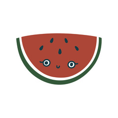 Cute kawaii flat red watermelon smiling with eyes. Cute childish berry character. Isolated flat fully editable illustration on white background.