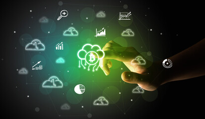 Businessman finger touching on screen multimedia interface with hand drawn currency icons