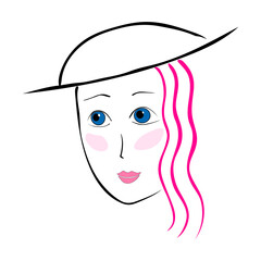 Illustration of a beautiful female face in a hat hand-drawn. Stylish graphic portrait with a beautiful young girl model. Fashion, style, beauty. Graphic, sketch drawing.