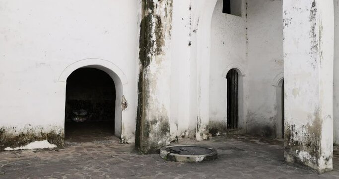 Elmina Castle courtyard church museum Ghana Africa pan. Ghana West Africa on the Atlantic ocean. Erected by the Portuguese in 1482. Slave castle in Africa. Historic slave trade on Gold Coast.