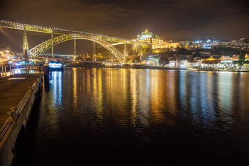 Dom Luis I steel bridge at night in Porto, Portugal