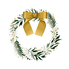 New Year's wreath with a gold bow. Christmas decor. Green leaves and branches, round frame. Design element for greeting card. - 474267807