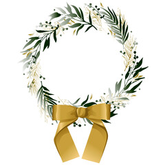 New Year's wreath with a gold bow. Christmas decor. Green leaves and branches, round frame. Design element for greeting card. Vector illustration. - 474268061