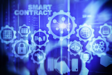 Obraz premium Smart Contract on modern server room background. Business Technology