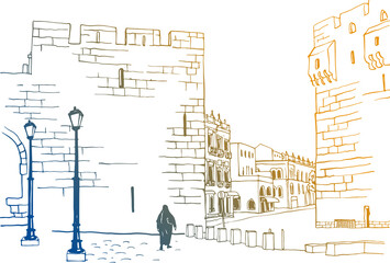Old street of Jerusalem, colourful vector illustration in hand drawn style. Ancient walls. Jerusalem, Israel. Urban landscape sketch. Line art. Ink drawing on white. - 474268242