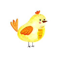 Watercolor illustration with yellow cute chicken on a white background. Easter illustration for holidays, postcards, packaging, fabrics