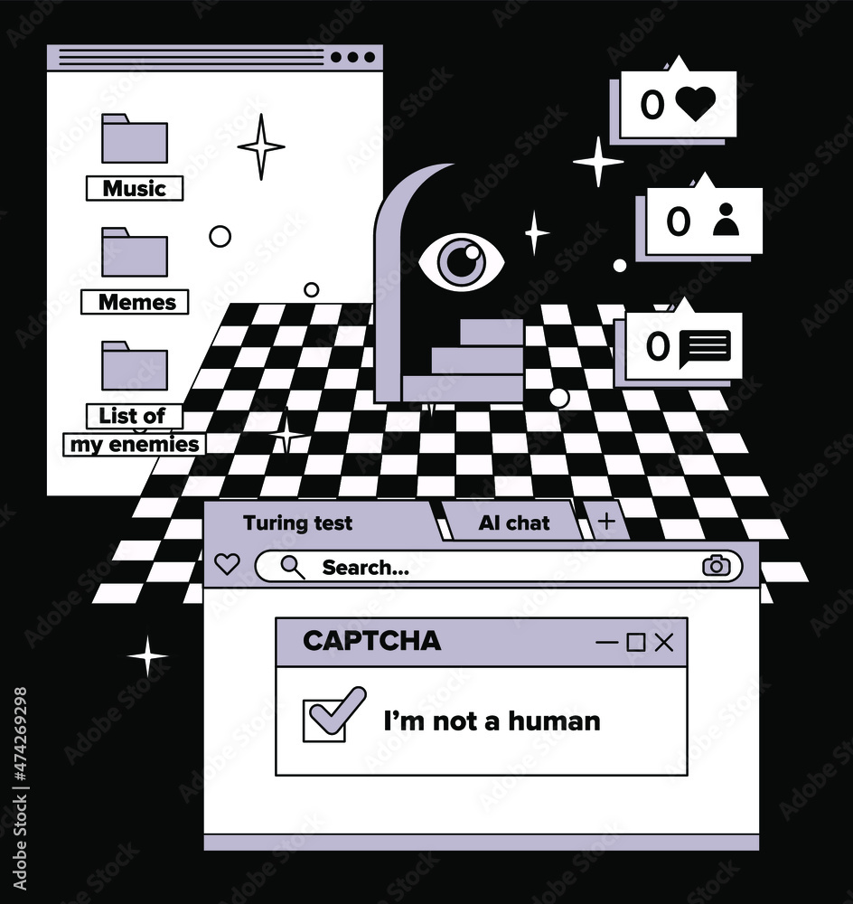 Poster Abstract retrofuturistic collage with user interface elements looking like a program or a computer game. Vaporwave style aesthetics.
