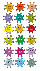 vector illustration, set of cute and funny characters, different strains of viruses of different colors on a white background