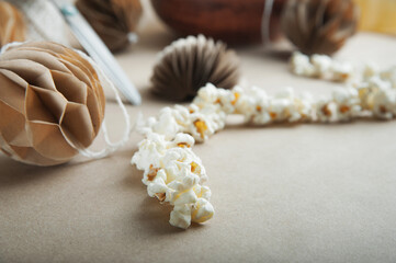 DIY Scandinavian Nordic Craft Paper Christmas Balls and garland of popcorn. Eco friendly New Year from handmade decor...